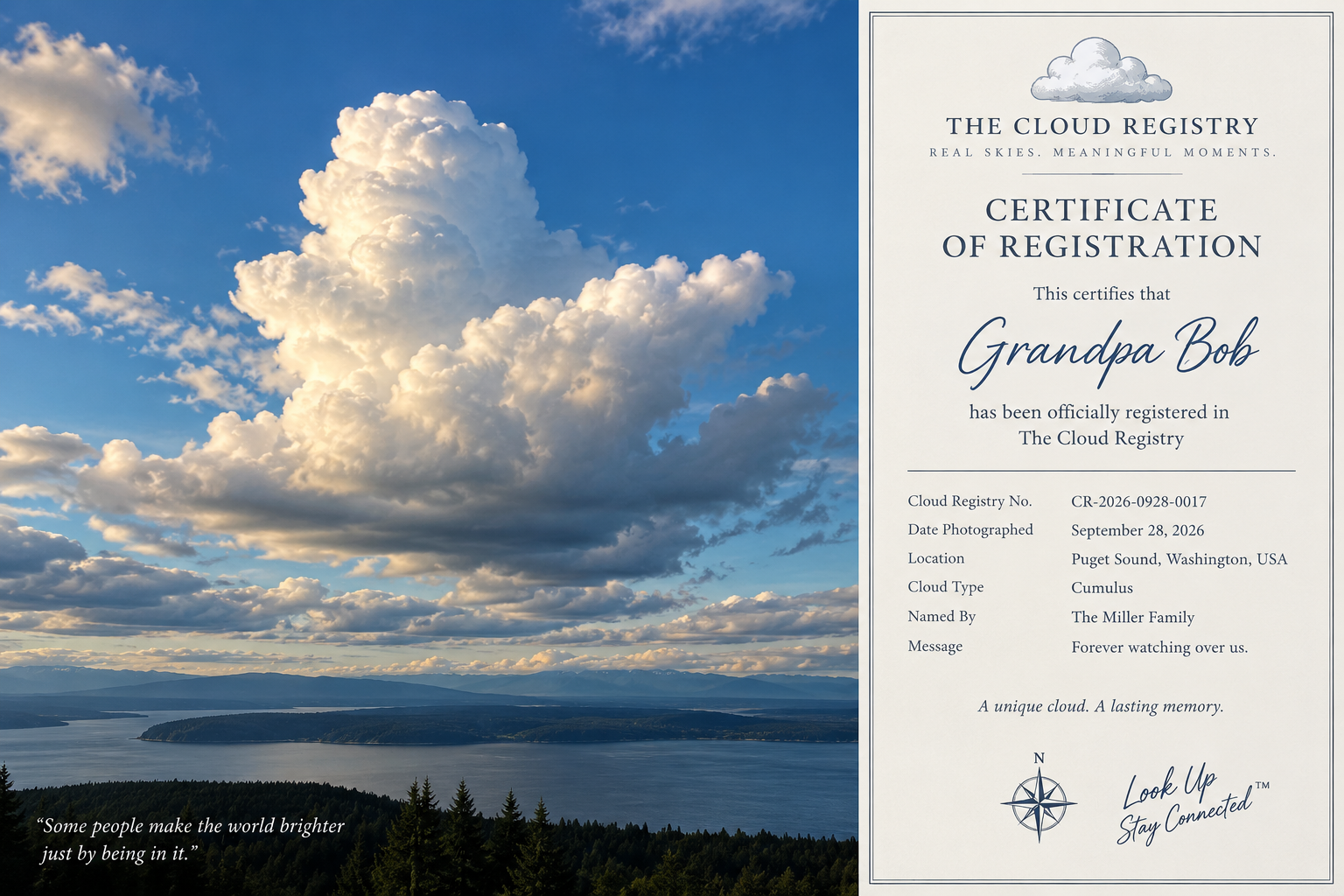 Example cloud portrait beside a personalized Cloud Registry certificate